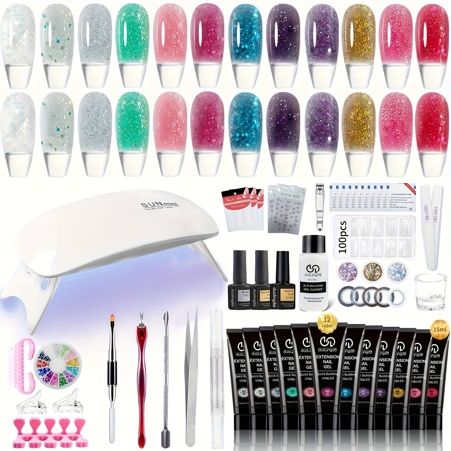 TEMU 12 Colors Poly Extension Gel Kit-mini Oven Light, Primer Seal, Clay And Other Are , Suitable For Beginners And At Home - A Nail Gift For S.