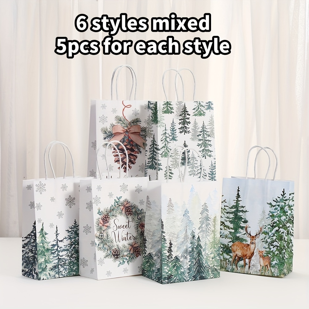 Image of 30pcs Festive White Christmas Gift Bags - High-quality Paper With Pine Tree, Snowflake & Deer Designs - Ideal For Birthday, Candy, Party Favors & Holiday Shopping