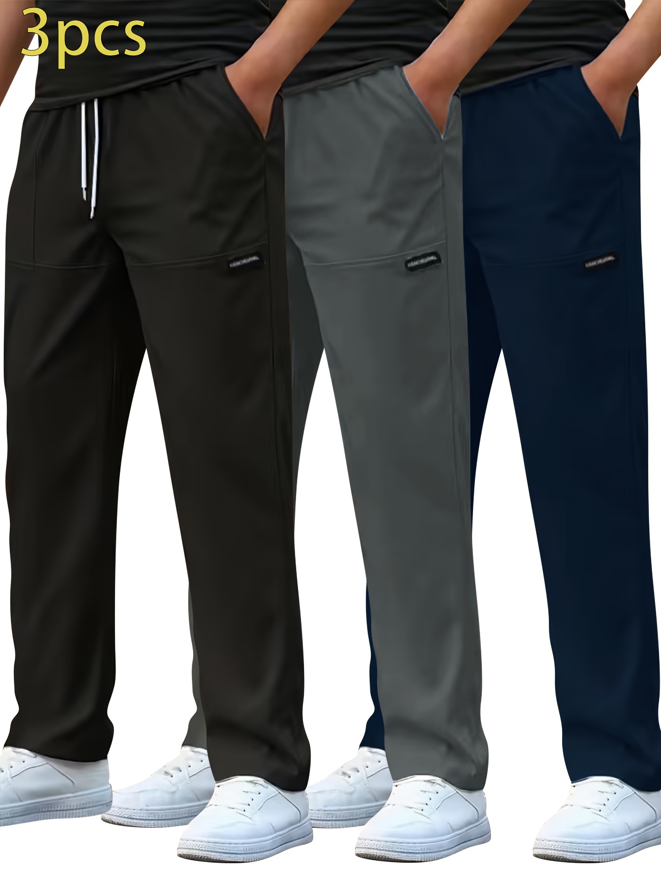 3pcs mens lightweight casual pants straight leg drawstring waist solid color black gray summer workwear machine washable details 10