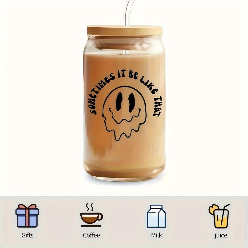 

1pc, 16oz Smiling Face Printed Glass Cup With Bamboo Lid And Straw, Clear Heat-resistant Coffee Mug, Home Tea Juice Milk Drink Cup, For Birthday, Christmas, Valentine's Day Gifts