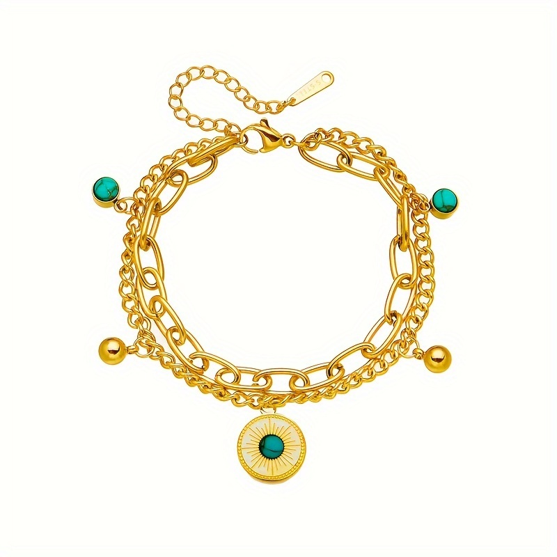 Image of Fashionable Double-layer Bracelet Featuring A Stainless Steel Coin Design, With A And Pendant, Perfect As A Trendy Jewelry Gift.