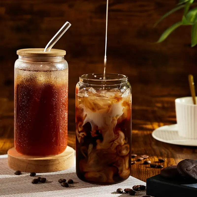 8pcs 16oz glass drinking jars with wood lids glass straws hand wash multipurpose iced coffee cups bpa free insulated reusable round beverages set for sodas parties Product details 2