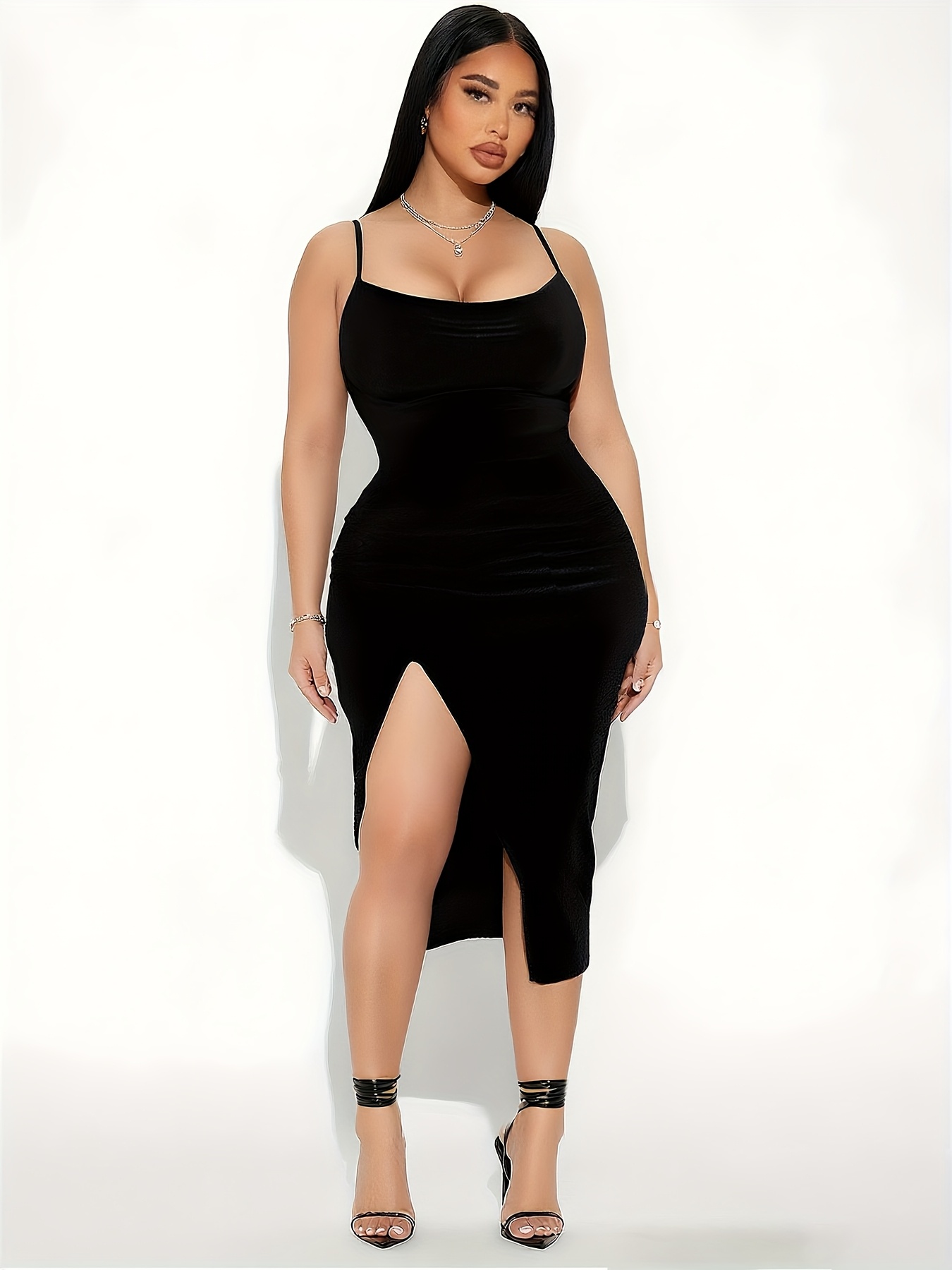 Elegant Black Satin Slip Dress with High Split Sleeveless Bodycon Evening  Gown for Women, Form-Fitting Midi Dress for Parties and Formal Events