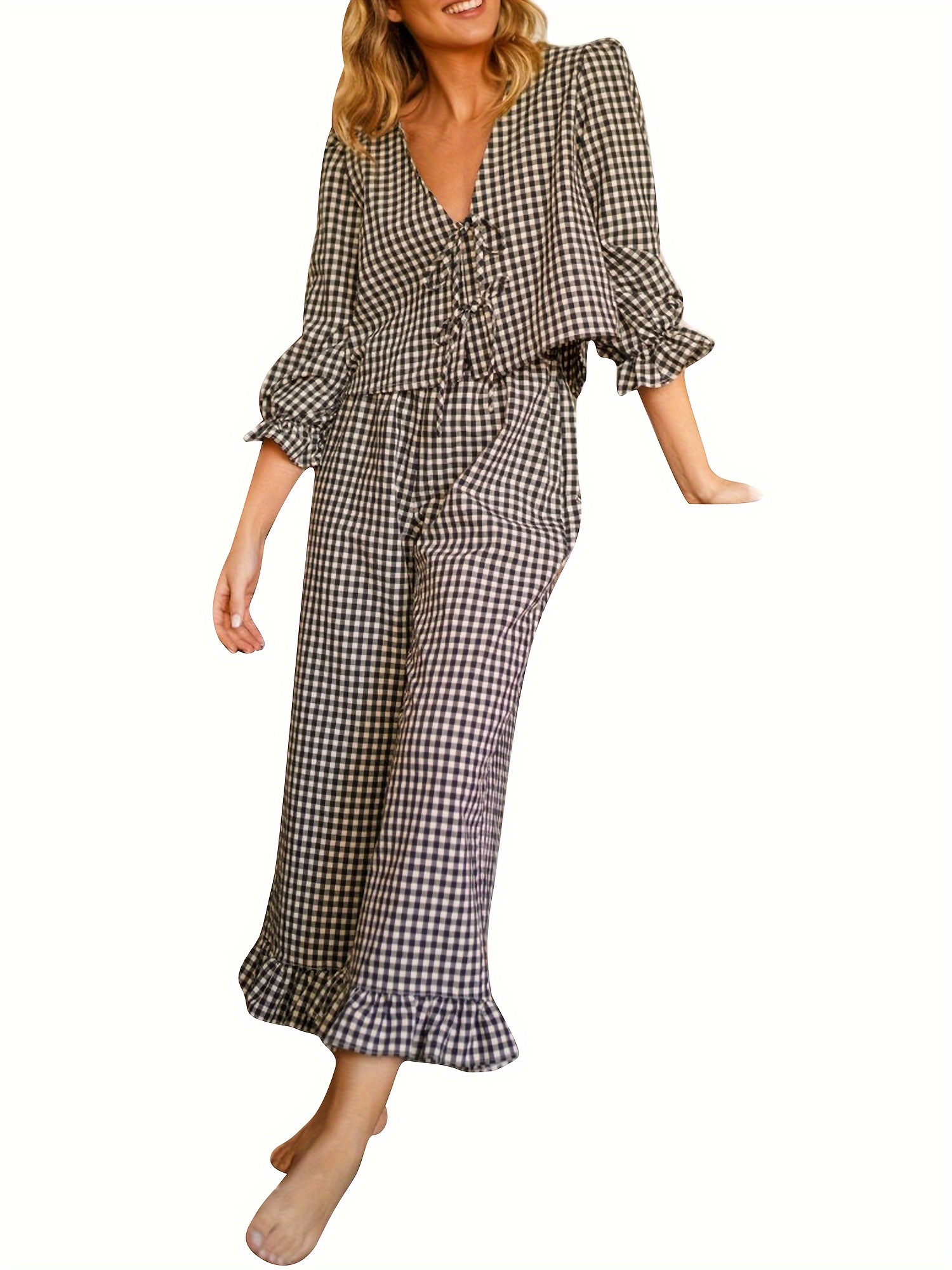 women 2-piece set v-neck bow lacing loose flowy hem long pants outfits -  women's lingerie & lounge - Temu