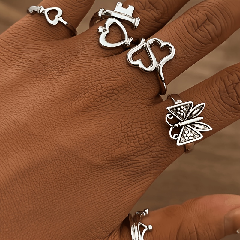 TEMU 5pcs Punk Set, Heart Crown Stackable Rings, Jewelrystylish Accessory Gift