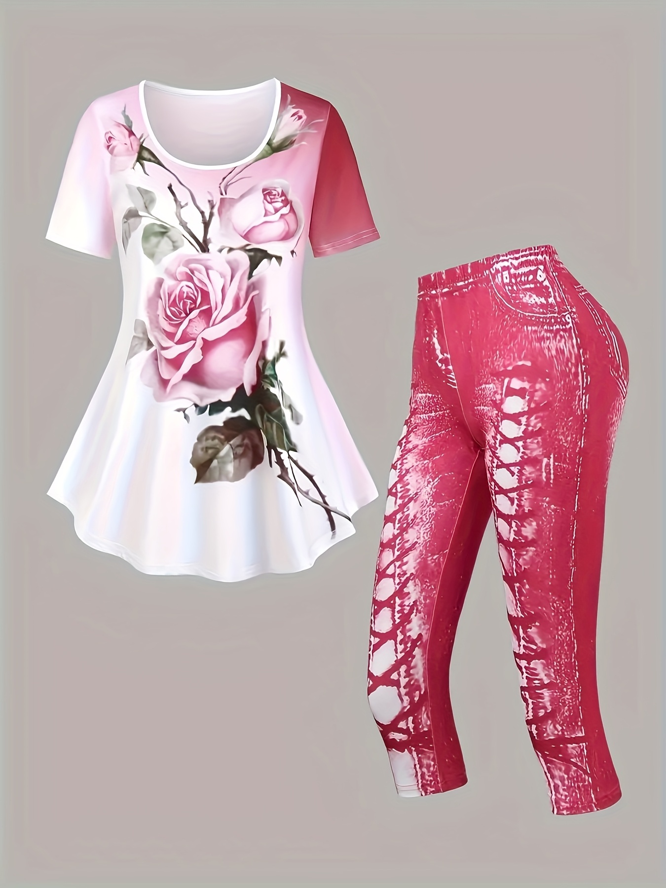 Plus Size - Plus Size Women'S Set with Rose Print Short Sleeve T-Shirt and Plus Size Denim Drawstring 3D Printed Capri Pants.