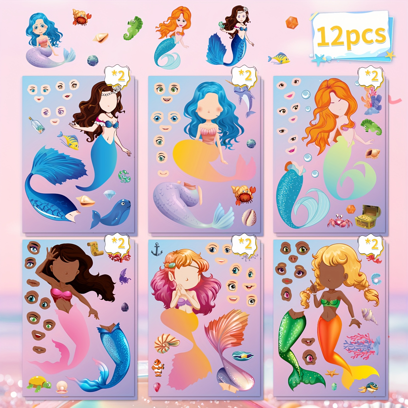 Image of 6pcs/12pcs Mermaid Diy Stickers - Cartoon Designs, Suitable For Books, Diaries, Water Bottles, Laptops, Luggage Decorations, Basket Decorations And Party Gifts