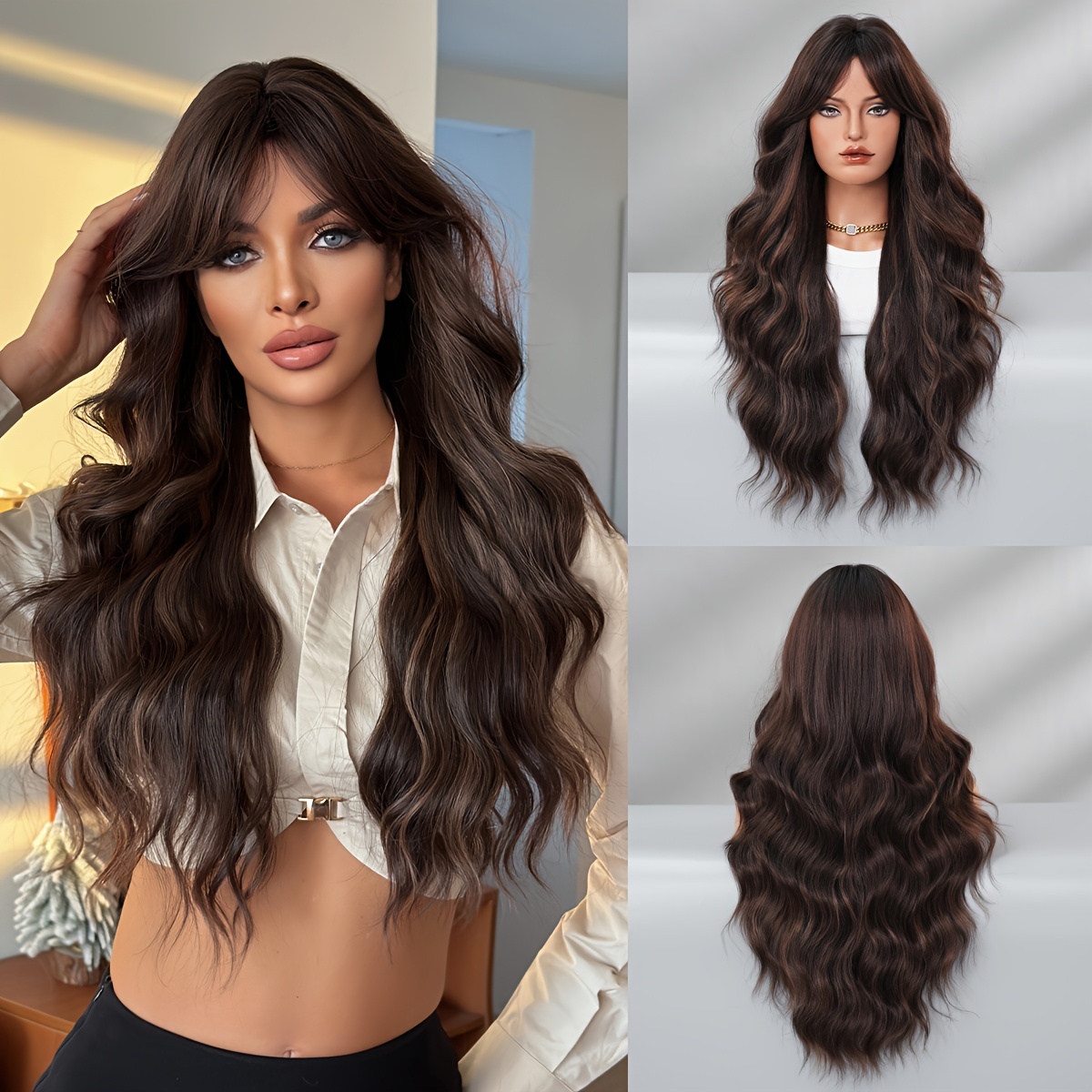 Image of Loose Water Wavy Mocha Brown Wig For Women Daily Use High Density Synthetic Middle Part Wave Brown Wigs With Curtain Bangs Heat Resistant Dress Up Wigs With Dark Beginner Friendly 28.74inches