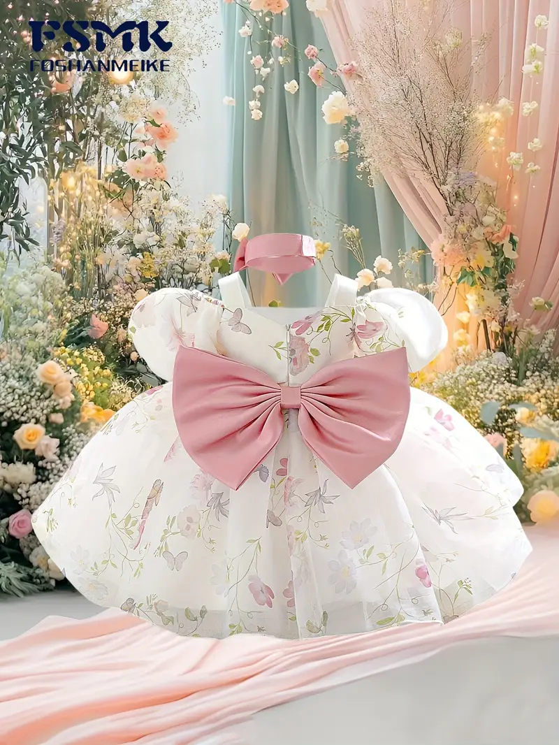 newborn princess dress Newborn Baby Girl Birthday Baptism Dress One Shoulder Puff Sleeves Princess Dress 80 (9-12M) / Pink