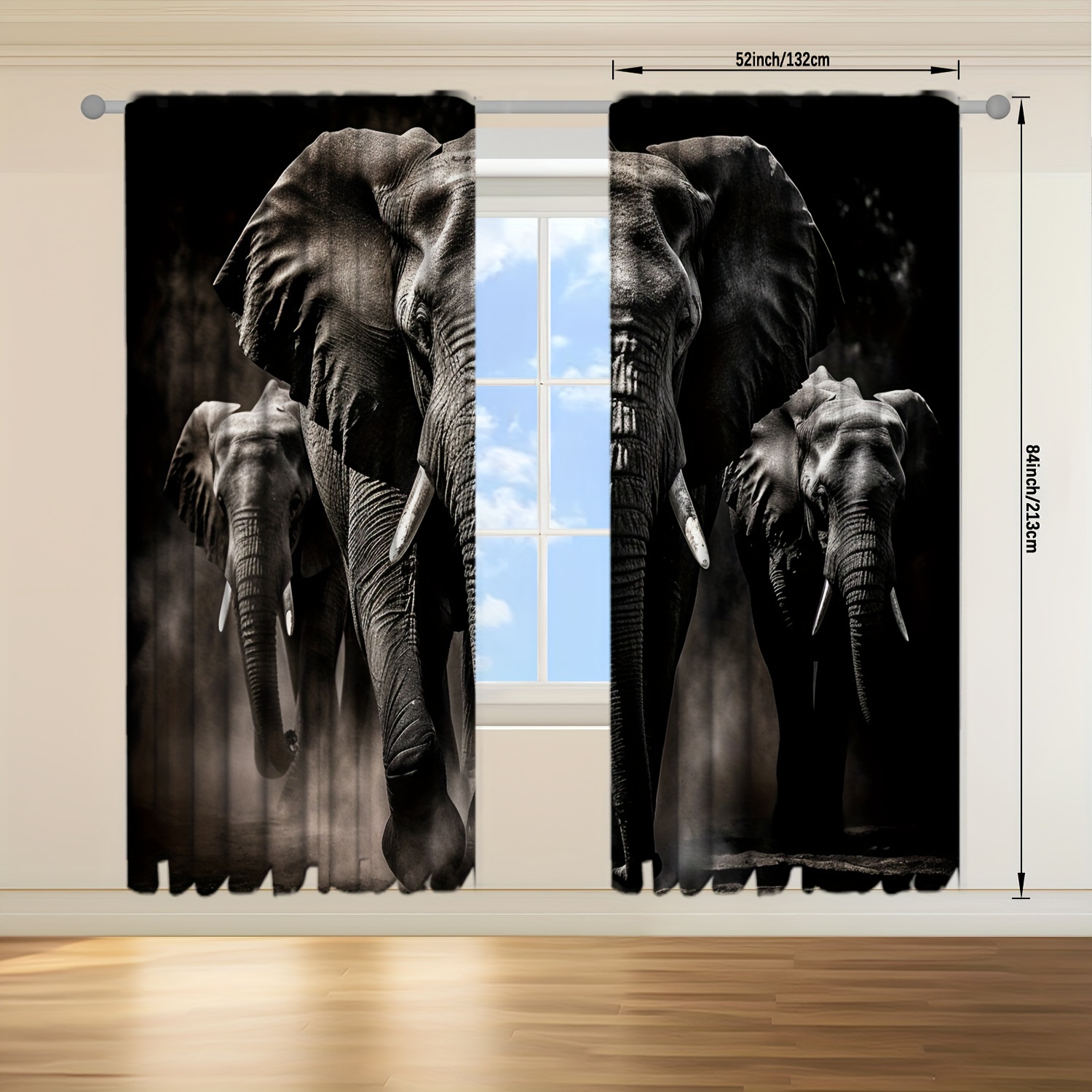 2 Panels Window Curtains Elephant Collage Curtains Suitable For Living Room, Bedroom, Kitchen, Bathroom, Home Decor, Room Decor