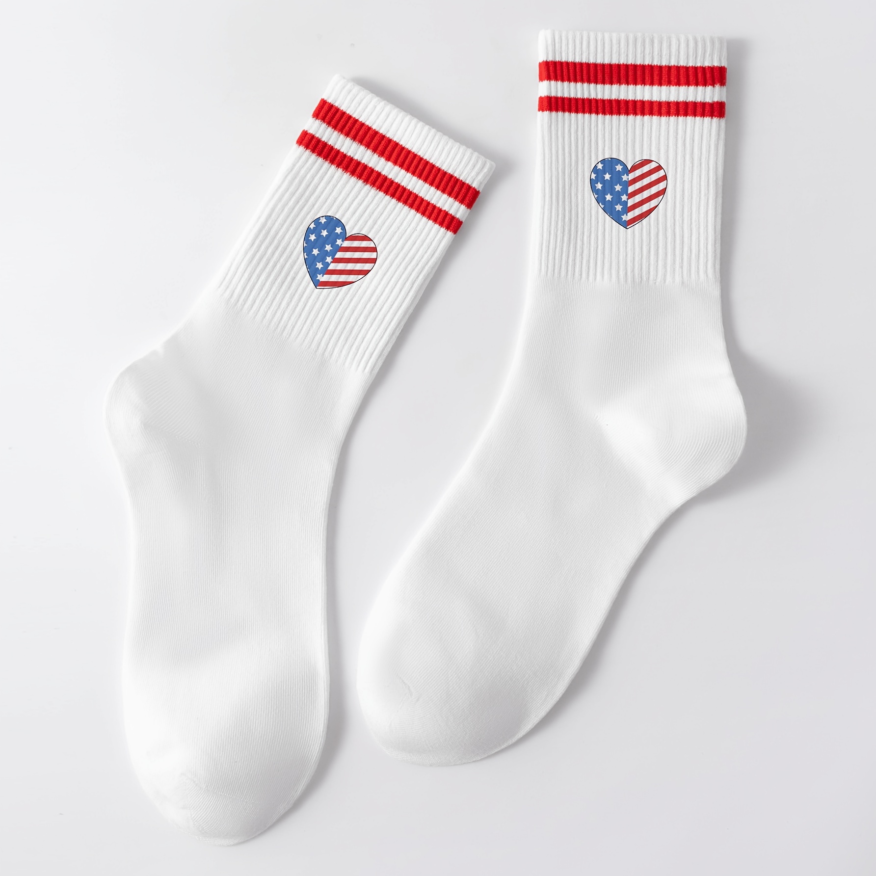 TEMU 1 Paire de Chaussettes Drapeau Américain de Cœur – Blanches avec Cols à Rayures Rouges, Côtelées Douces et Respirantes, Style Patriotique