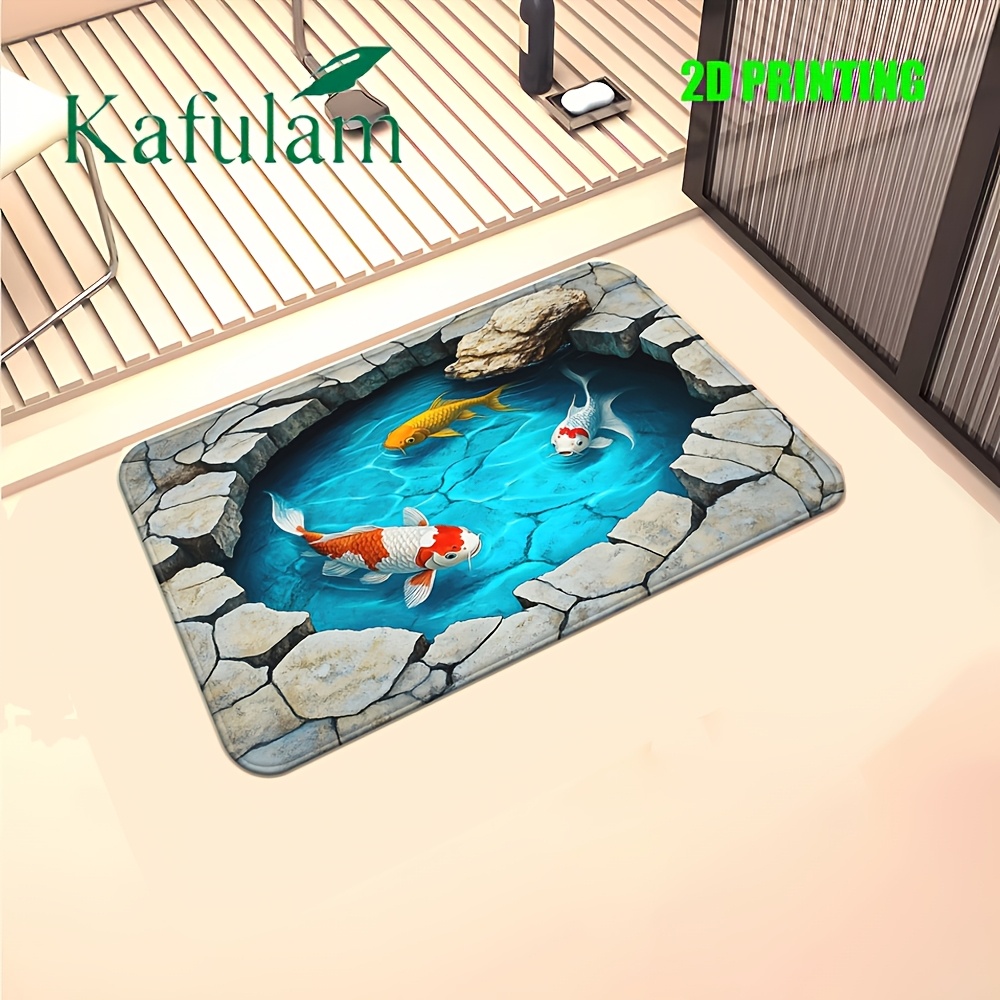 TEMU 1pc 2d Koi Fish Door Mat, Fleece Material, Machine Washable Polyester Carpet, Suitable For Bathroom, Bedroom, Living Room Entrance, Bathroom Mat