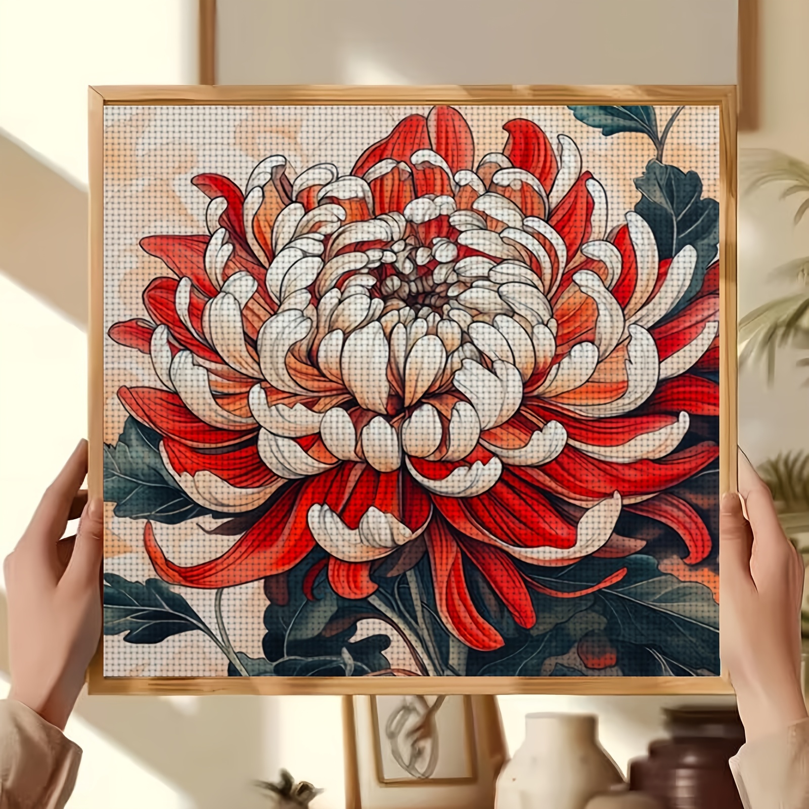 Cross-Stitch Kit Featuring Blooming Red and White Chrysanthemums, Perfect for Beginners