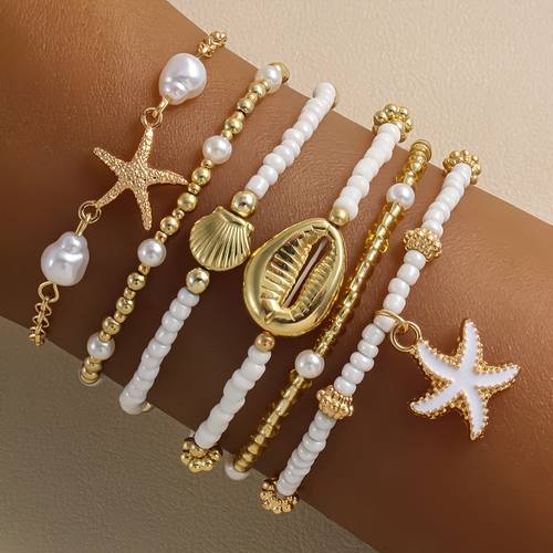 6er-set retro-strandstil öltropfen legierung seestern armbänder, mehrlagig gestapelte künstliche muschelperlenarmband-set für lässigen urlaubsstyle