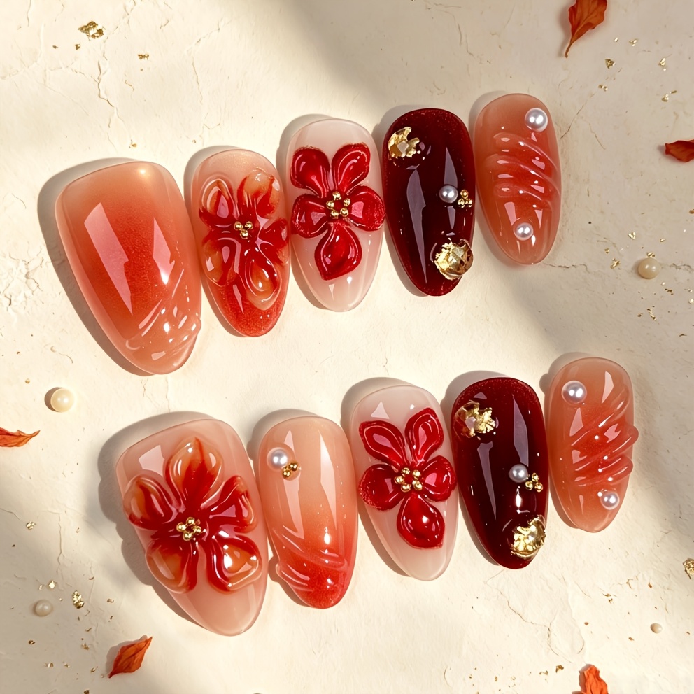 TEMU 10pcs Almond Press-on Nails, Amber Caramel Gradient Fake Nails, 3d Orange Red Floral, And Pearl Ornaments, Glossy Warm Autumn Daily Reusable