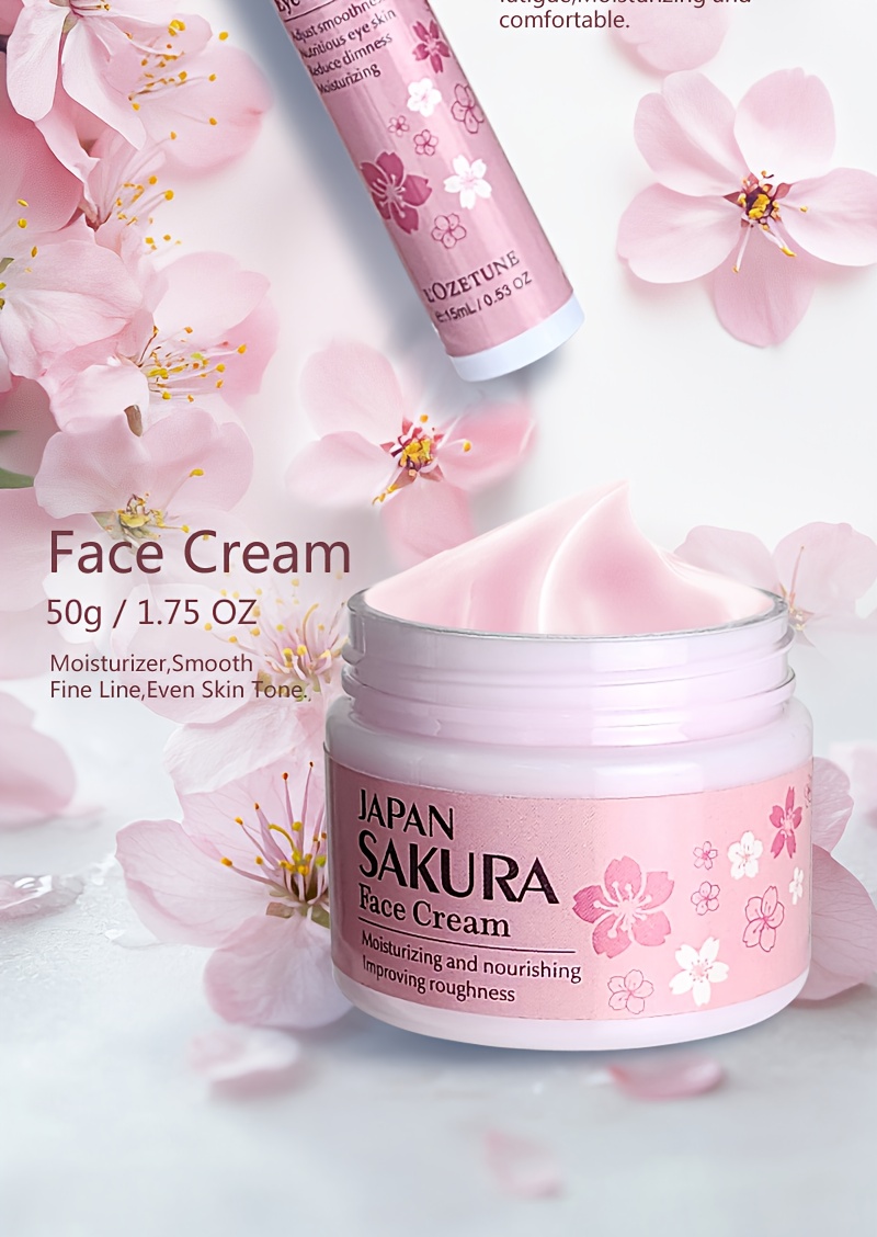 Cherry Blossom Skincare and Beauty Care Set, Includes Moisturizing Toner, Eye Cream, Facial Cleanser, Face Cream, and Cherry Blossom Essence. Suitable for All Skin Types: Dry, Normal, and Combination. Ideal for Post-facial Hair Removal Beauty Care.