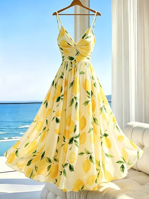 womens elegant casual lemon print spaghetti strap long dress tropical v neck a line vacation beachwear dress targeted