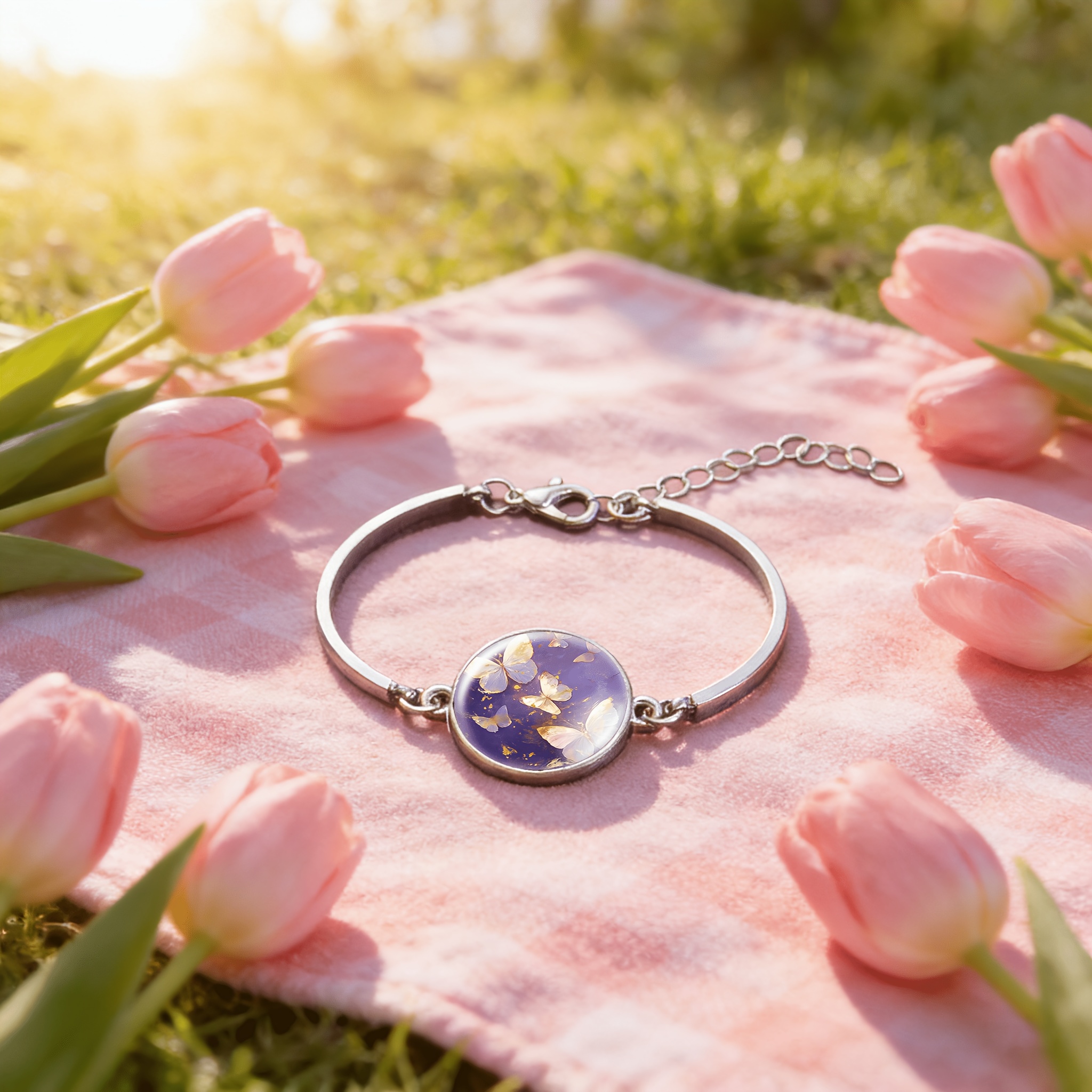 Women's Adjustable Bangle with Purple Background and Golden Butterfly Design