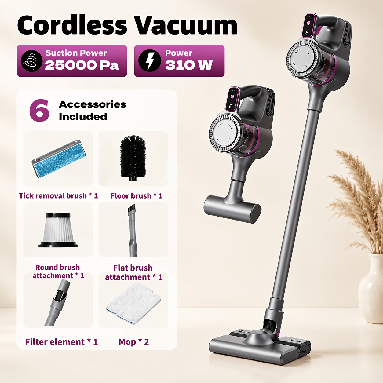 TEMU Cordless Vacuum Cleaner, 25000pa Powerful Suction Stick Vacuum 310w Motor, Up To 60 Mins , 4-in-1 Lightweight Handheld Vacuum For Hard Floor