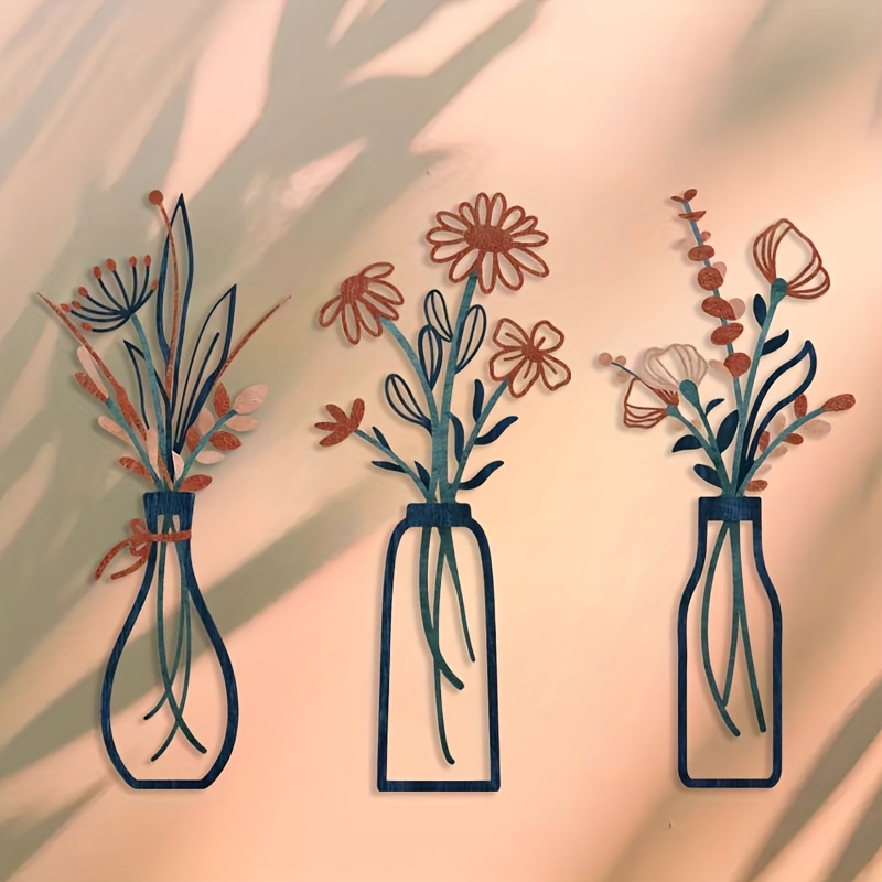 E-shop 3er-Set große florale Wandkunst-Skulpturen – Moderne Bauernhaus-Deko, elegantes hängendes Vasen-Design, rustikale Metallblumen für