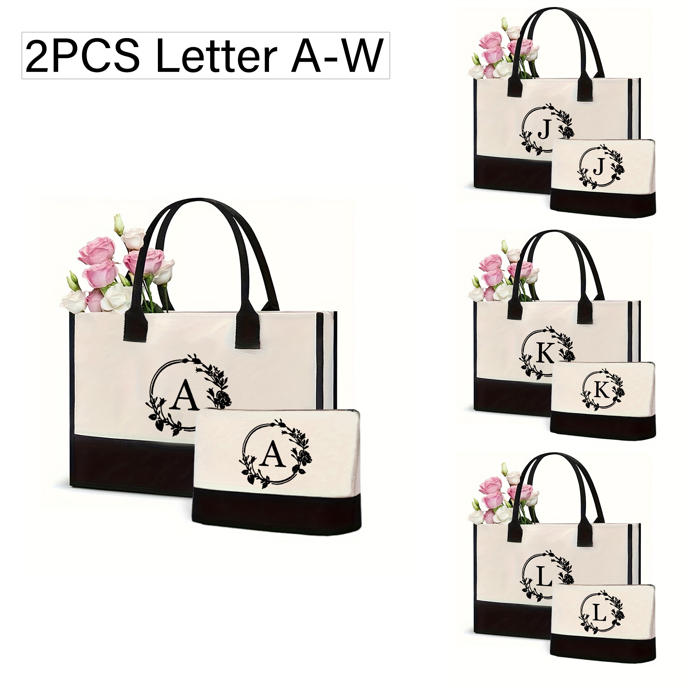 

2pcs Elegant Tote Bag Set With Monogrammed Letter, Fixed Shoulder Straps, And Matching Cosmetics Pouch For Women