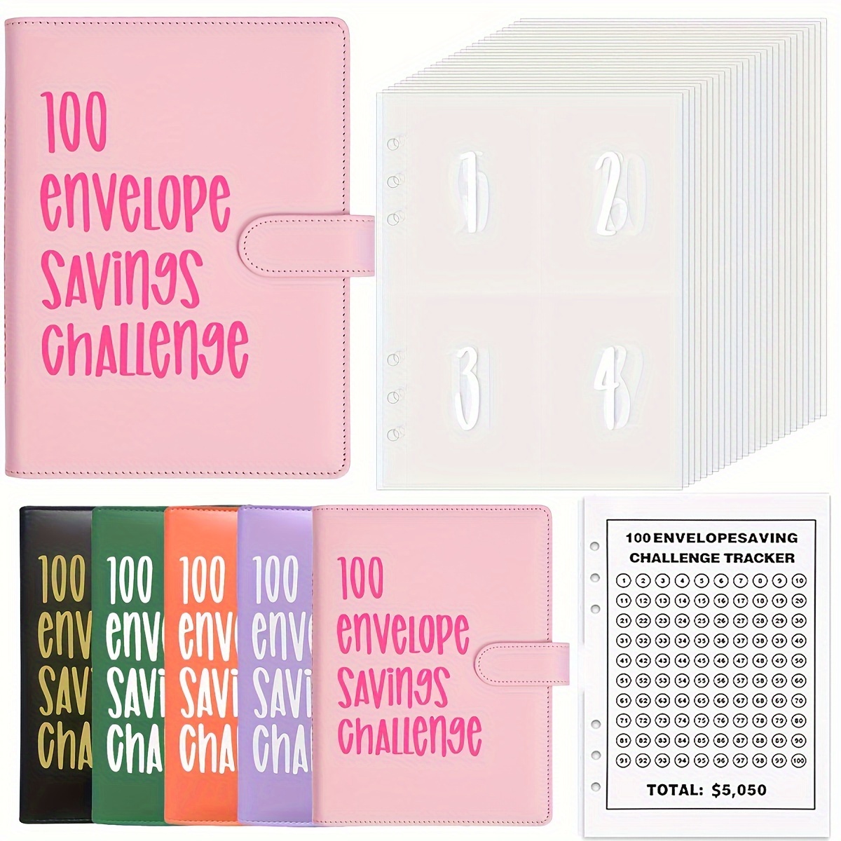  Carpeta de desafío de 100 sobres  Una manera fácil y divertida  de ahorrar dinero, kit de caja de desafíos de ahorro de efectivo, carpeta  de desafíos de ahorro, carpeta de