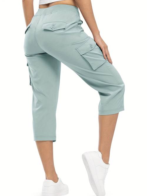 item picture womens cargo capri pants multi pocket lightweight micro elastic hiking quick dry elastic waist summer fall outdoor travel casual loose shorts casual trousers