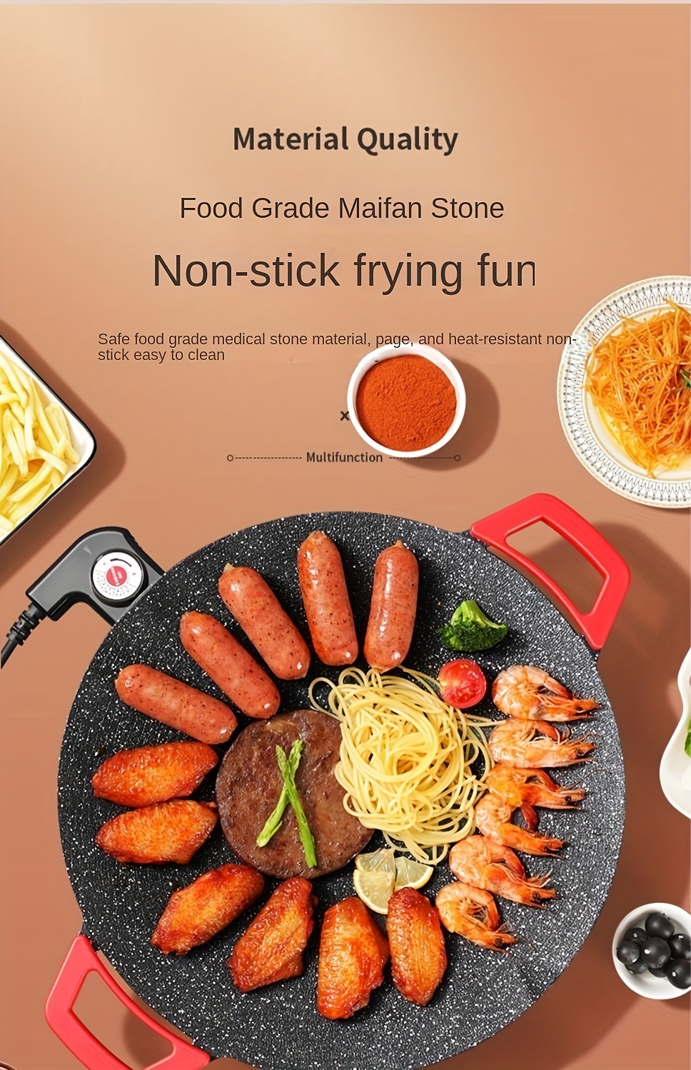 Round Multi-Purpose BBQ Pan in Korean Style, Perfect for Home Grilling. This Electric Grill Features a Non-Stick Surface And Is Ideal for Outdoor Barbecues. It Comes with a Red Handle And Adjustable Settings, Making It Great for Family Gatherings.