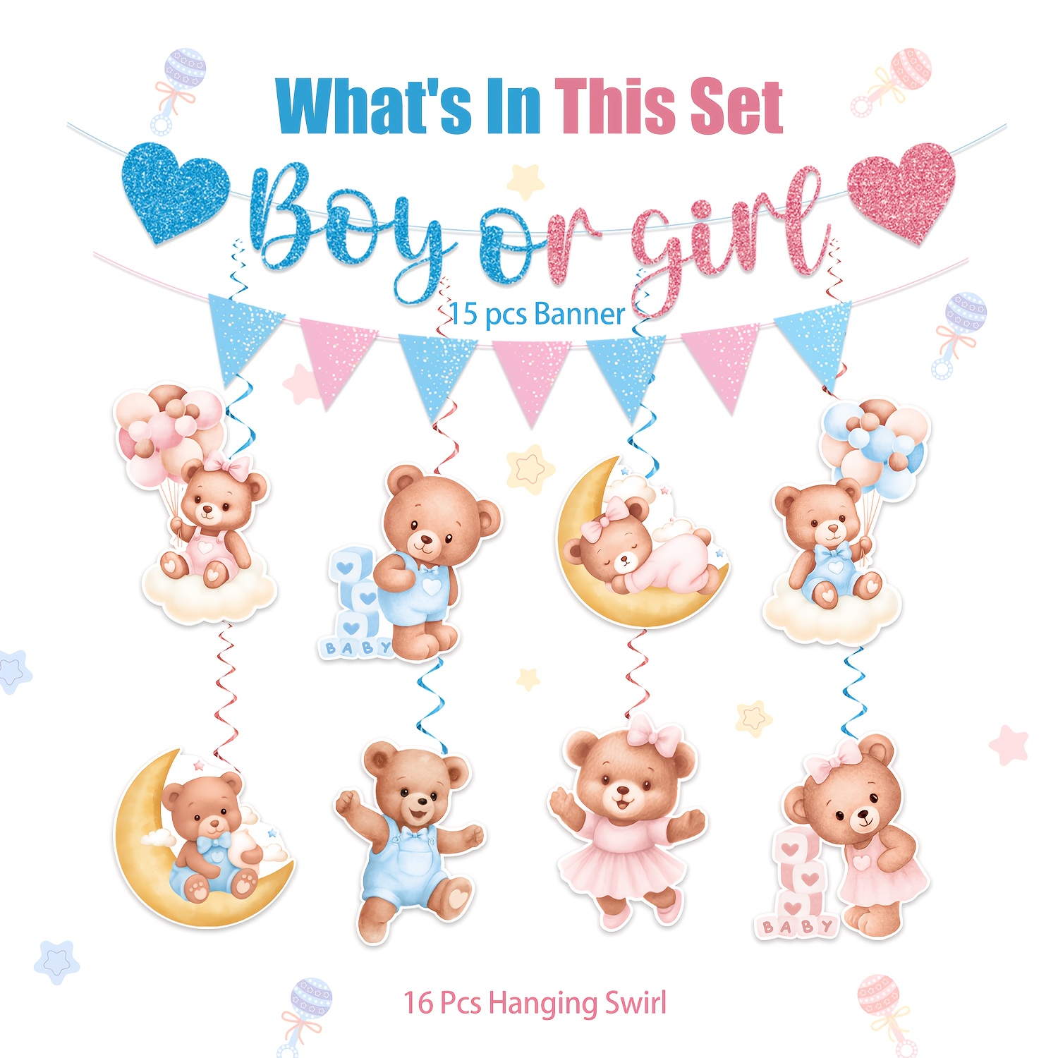 Image of 31pcs, Bear Birthday Party Decorations, Teddy Bear Theme Party Banner, Blue And Pink Bear Party Decorations, Decoration Supplies Suitable For Indoor And Outdoor Gender Reveal Parties