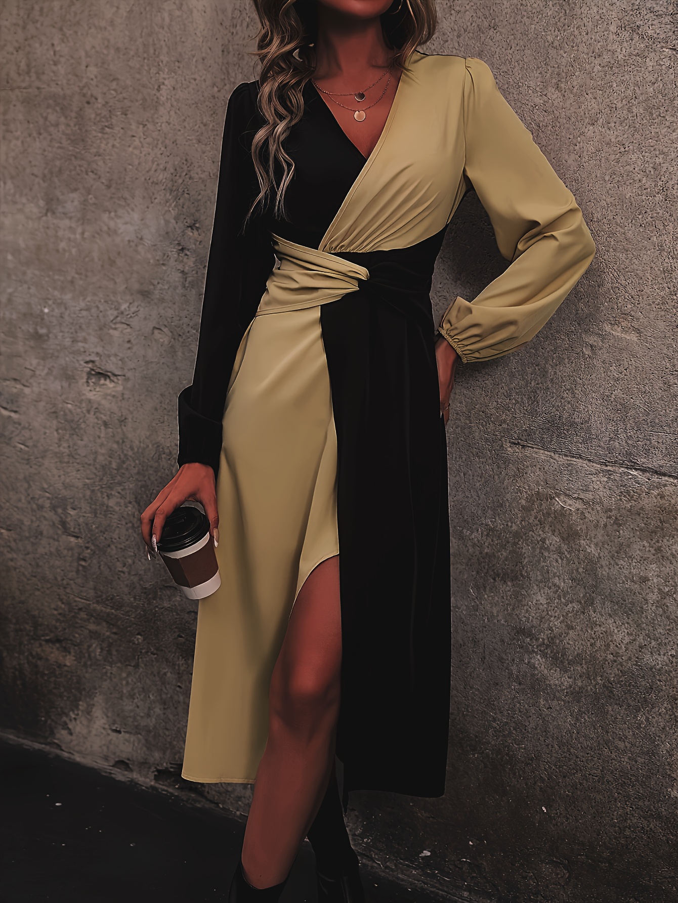 elegant plus size long sleeve midi dress women v neck beige - Temu Bahrain