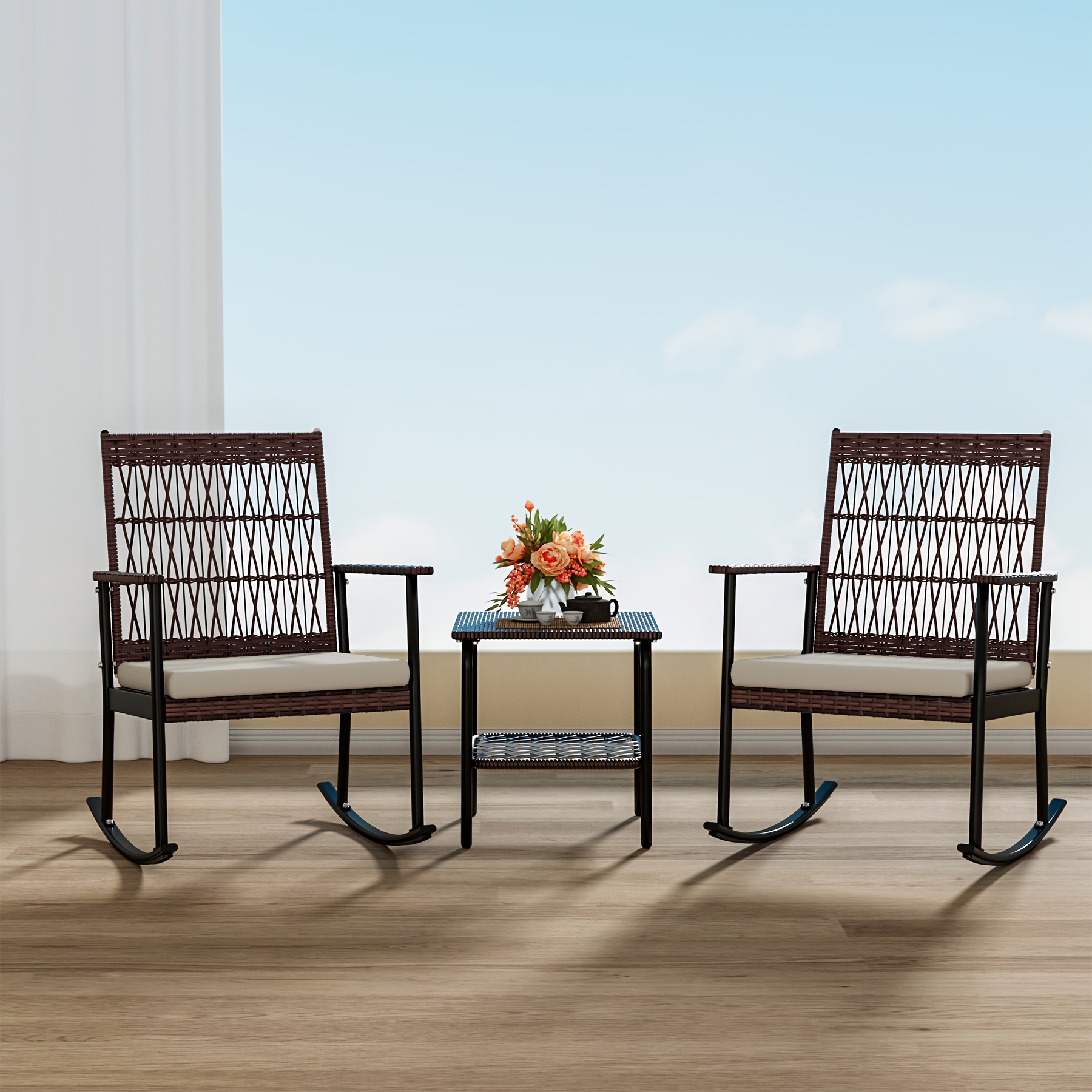 3pcs Outdoor Patio Furniture Set, Outdoor Rocking Chairs Set Of 2, Wicker Furniture With Cushions And Coffee Table For Garden, Balcony, Backyard