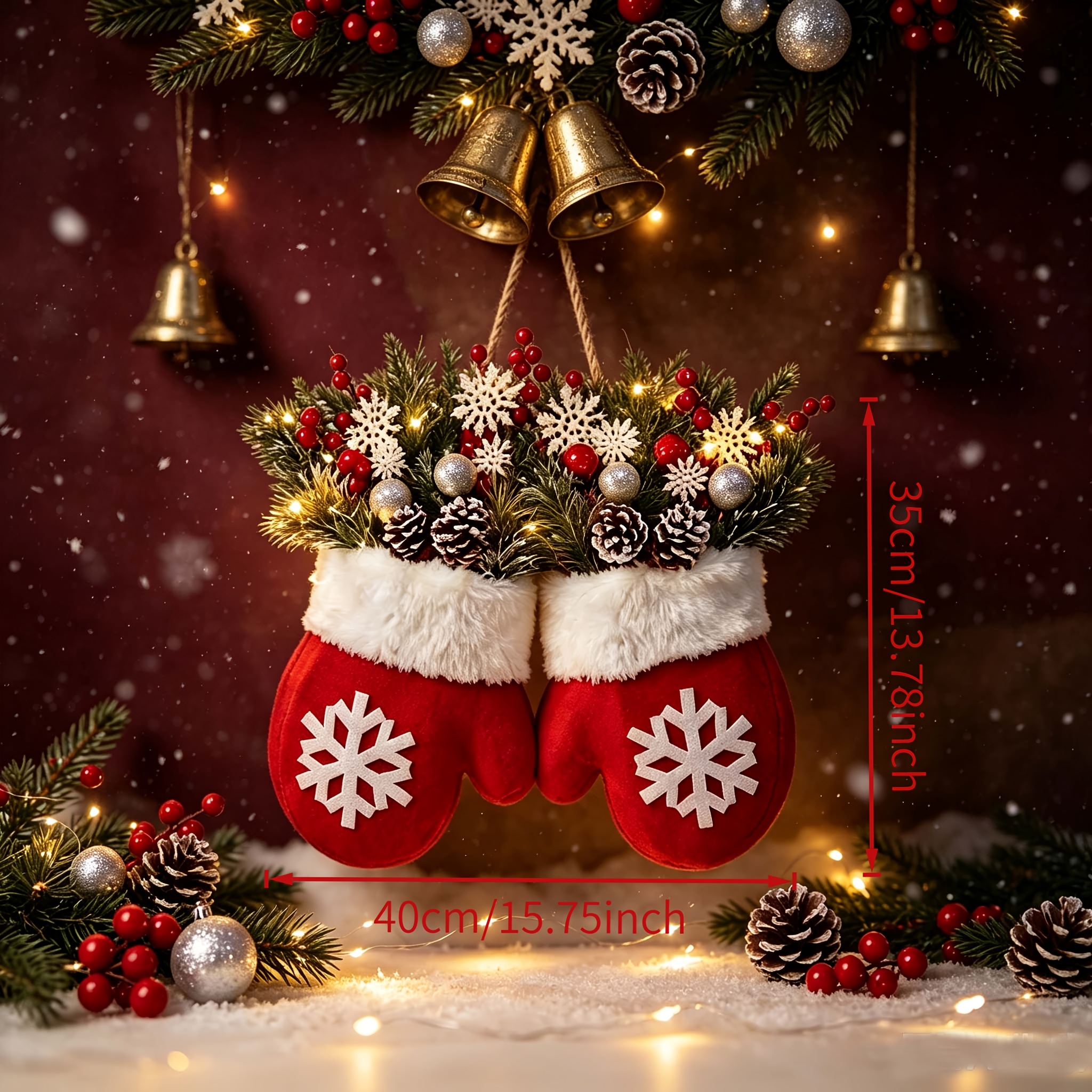 TEMU Flashing Christmas Glove Wreath With 20 Led, Christmas Wreath For Front Door With Artificial Pine Branches, Red Berries, And Frosted Pine Cones,