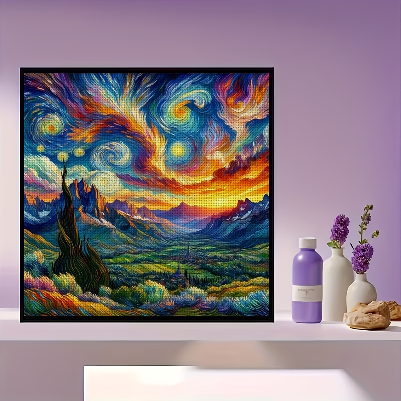 Printed Cross-Stitch Kit, Mountain Starry Sky At Sunset Pattern