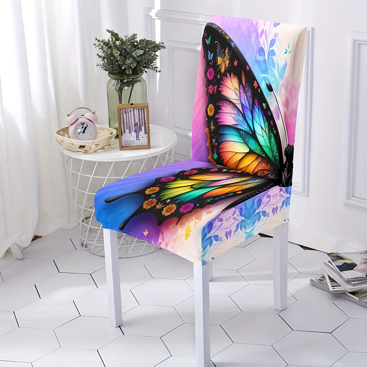 

4/6pcs Chair Slipcovers With Colorful Butterfly Print Elastic Milk Silk Removable & Washable Dining Chair Covers, Classic Style Chair Protectors For Restaurant, Hotel, Ceremonies & Holiday Decor