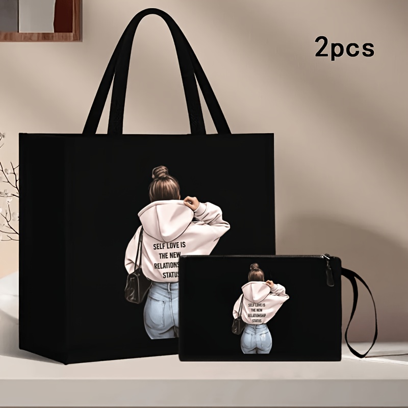 Image of 2pcs Women's Tote Bag Set, Fashionable Patterned Large Capacity Shopping Bags With Pockets Lining And Coin Purse, Magnetic Closure, Foldable Design For Daily Use