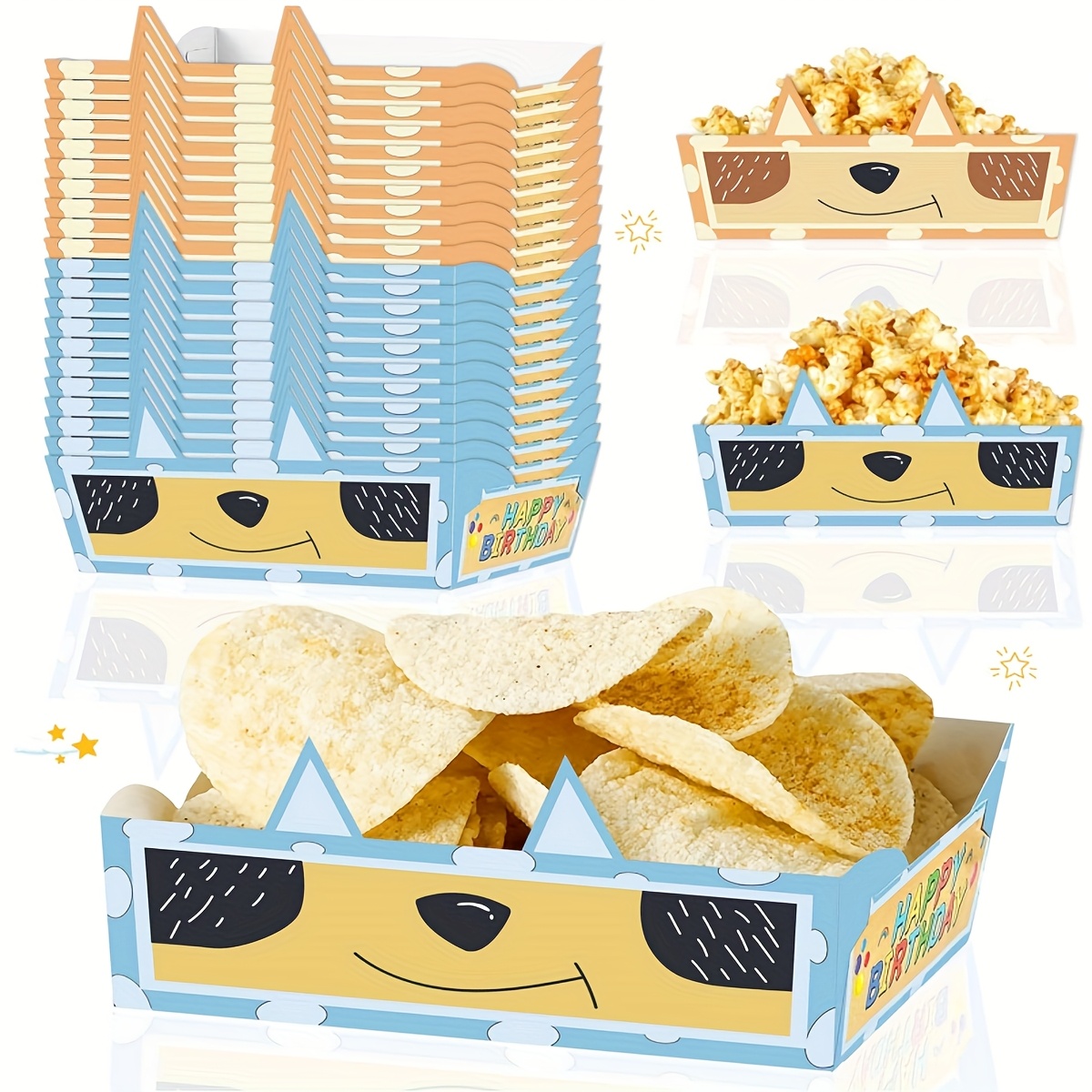 

12pcs Cartoon Blue Dog Disposable Paper Trays For Birthday Party Supplies, Baked Cheese & Corn Chip Serving Platters, Dog-themed Decorations, Paper Trays, Family