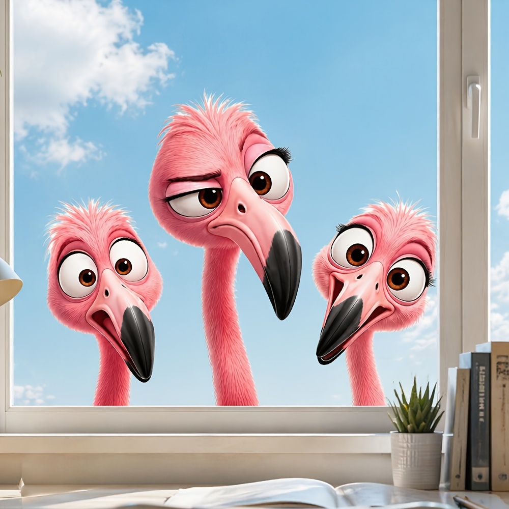 TEMU Pink Funny Flamingo Window Sticker, Cute Animal Element Glass Sticker, Pvc Easy To Paste And Remove, Household Glass Doors And Windows Creative