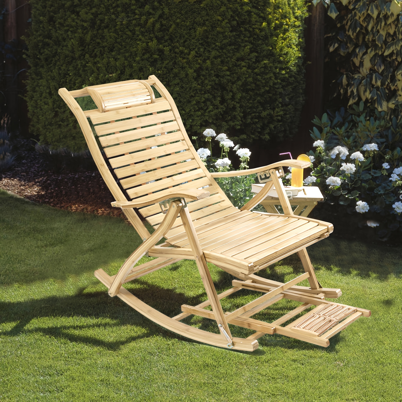 AESOME Loungers Deck Chair Wood Foldable Recliner Zero Gravity Chairs Bamboo Rocking Chair Ergonomic Design High Back Chaise Garden Outdoor Sun Lounge with Footrest for Patio Pool Sauna Sunbed