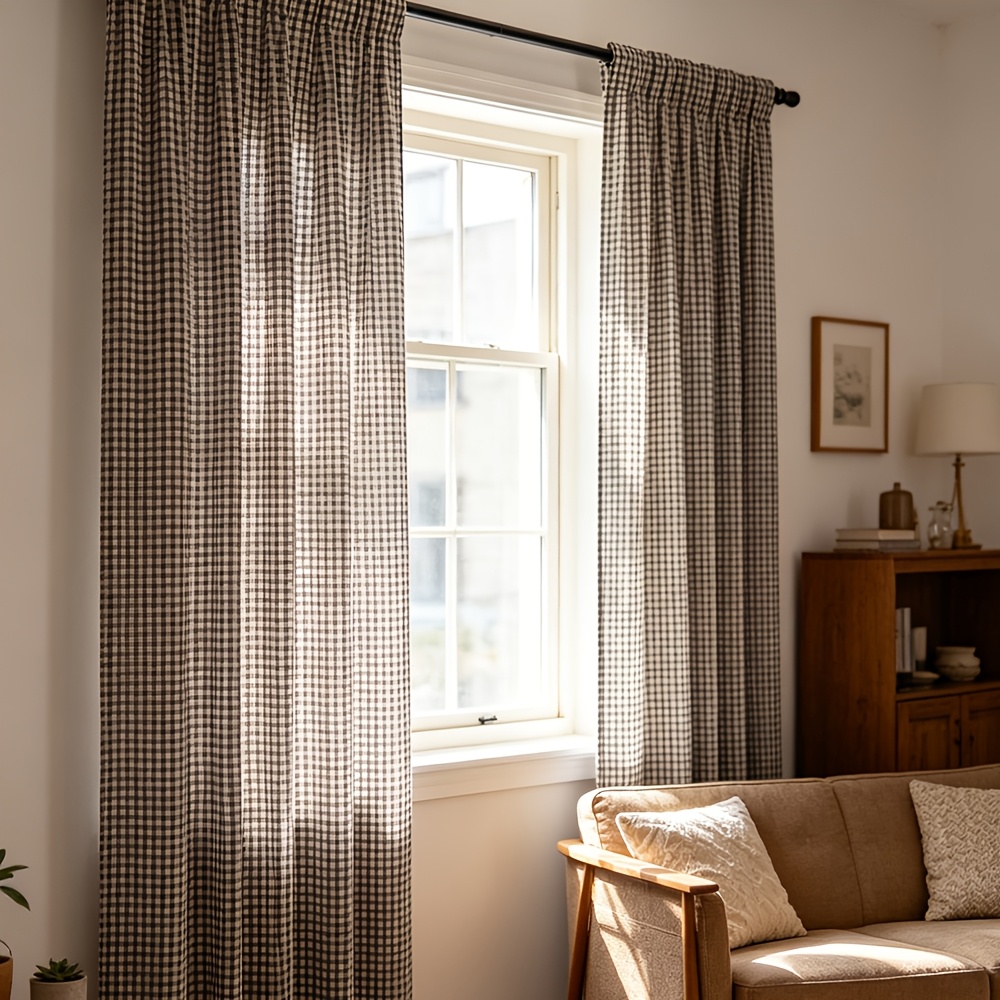 TEMU 1pc Gingham Pattern Single Panel Curtain, Modern Geometric Pattern Curtain For Bedroom And Living Room