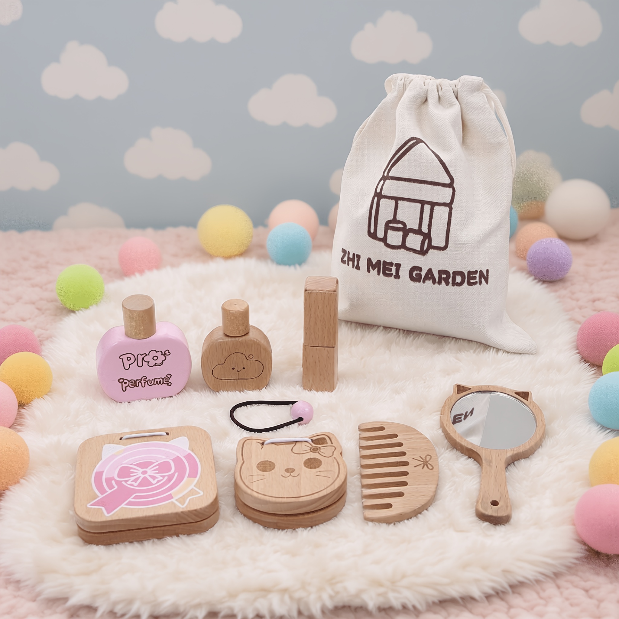 TEMU Juego de de y maquillaje de madera para - Set de cosméticos de multicolor con espejo, peine, , perfume - Regalo educativo de /Navidad para ,