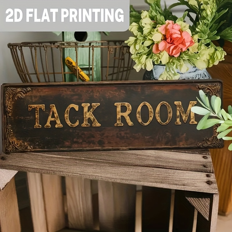 TEMU 2d Flat, Rustic Style Stable Riding 2d Flat Print Metal Sign - 10x40cm Vintage Stable Wall Decor With "tack Room" Text, Durable Plaque For Barn,