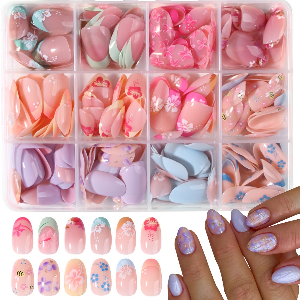 TEMU je stijl met deze 288-delige set korte ovale press-on nagels, met gele, groene, roze, blauwe en lichtpaarse Franse stijl nagels met kleurrijke