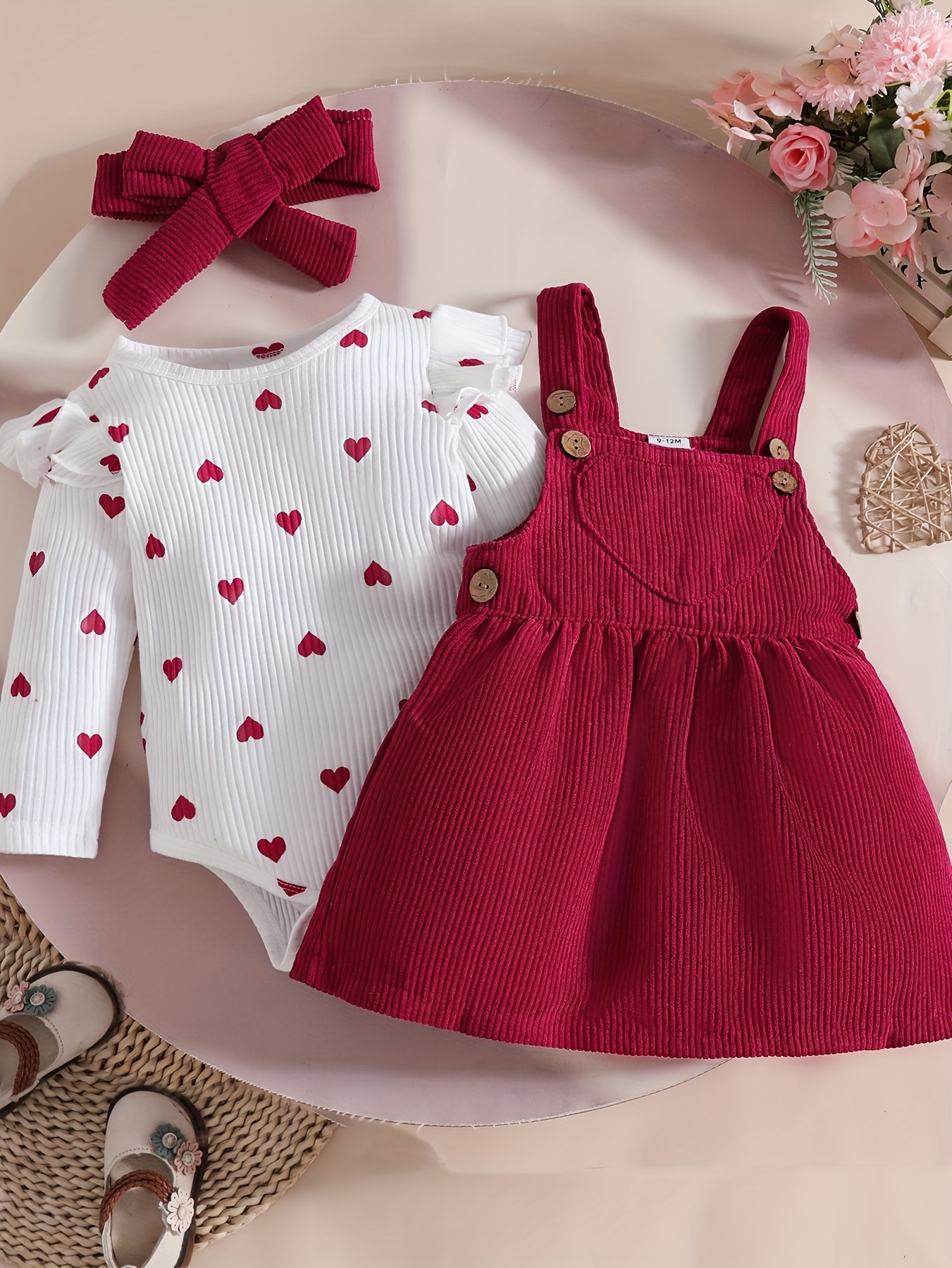 Ensemble Bébé Fille : Haut à Manches Longues Motif Cœur + Robe en Velours Côtelé avec Patchwork de Cœurs | Col Rond Décontracté, Détails Boutonnés, Idéal pour les Activités de Plein Air en Automne/Hiver