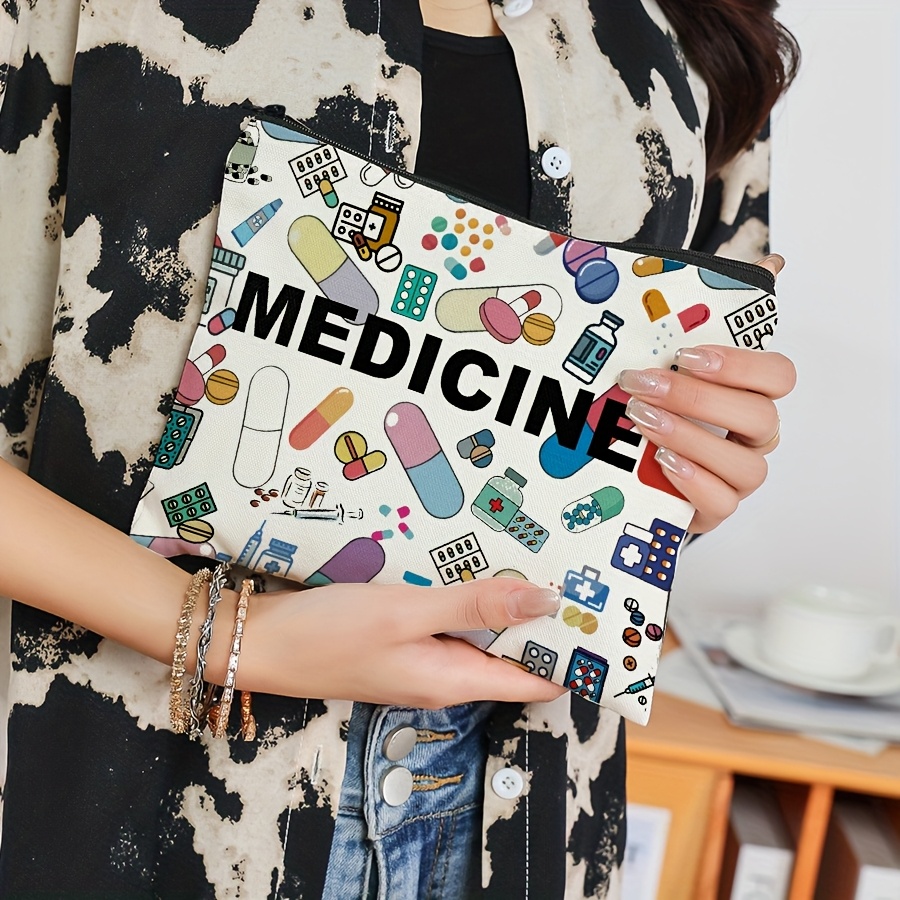 Medicine-Themed Canvas Travel Pouch - Zippered Cosmetic & Toiletry Organizer, Lightweight & Foldable, Beige with Colorful Medical Illustrations, Perfect Gift for Friends, Teachers, or Healthcare Professionals, Travel Toiletry Bag | Medical Theme | Zipper Closure