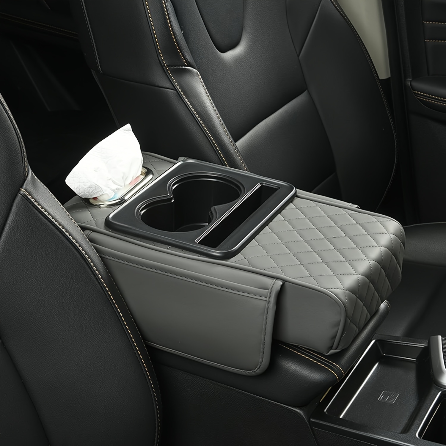 TEMU Universal Car Armrest Box Cover, Pu Console Mat With 2 Side Pockets + 2 Cup Holders + Multi-functional Tissue Storage Space, Suitable For