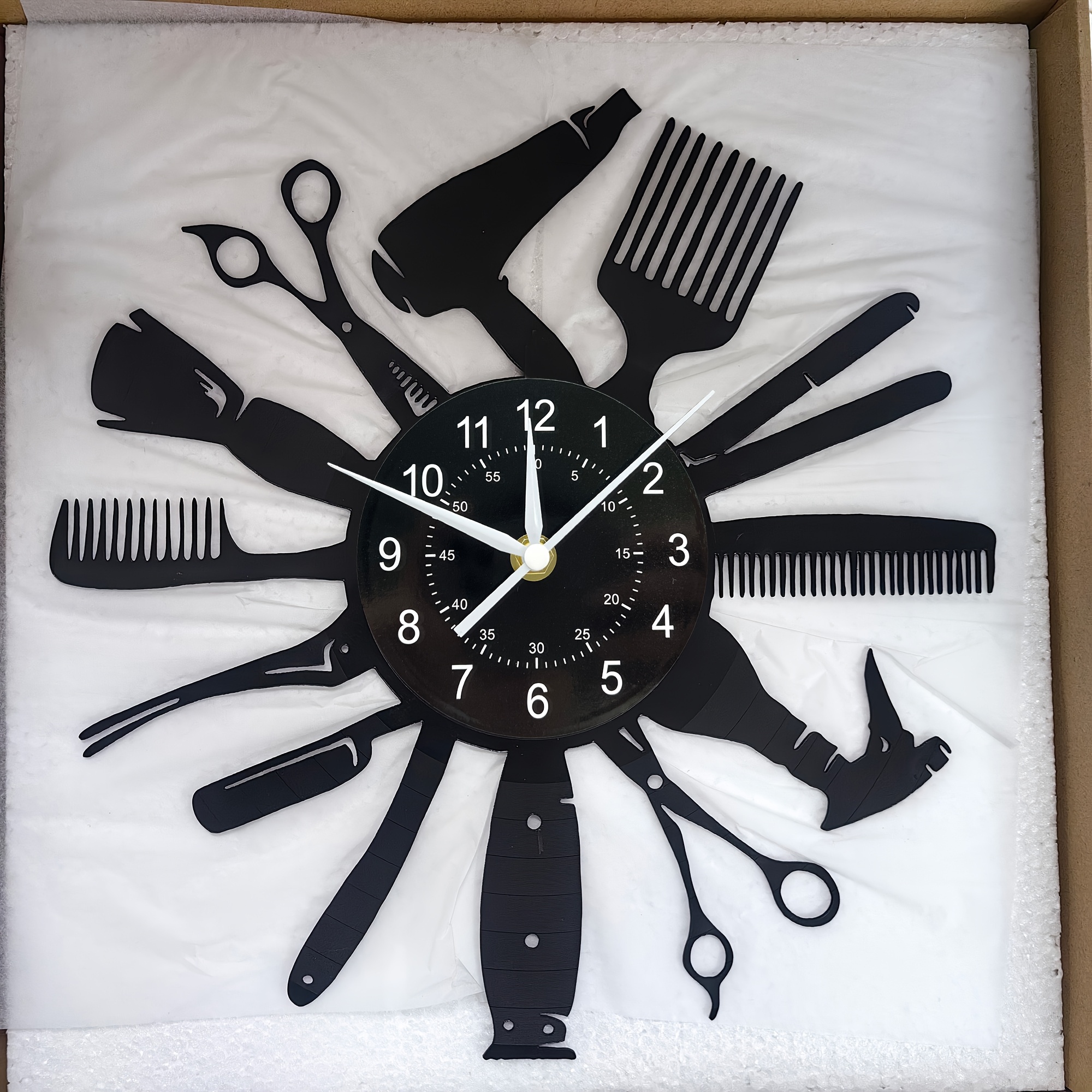 Image of Barber Tools Design Vinyl Wall Clock For Hairdresser Barber For Women Men, Ideal For Living Room, Bedroom, Kitchen, Office - Perfect Gift For Hairdressers And Father's Day, Birthday