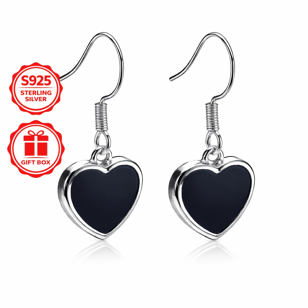 Image of 925 Sterling 925 Silver Anti Tarnish Black Heart Drop Earrings For Women, , Black Heart Motif, Hypoallergenic, Minimalist Style, Lightweight And Secure