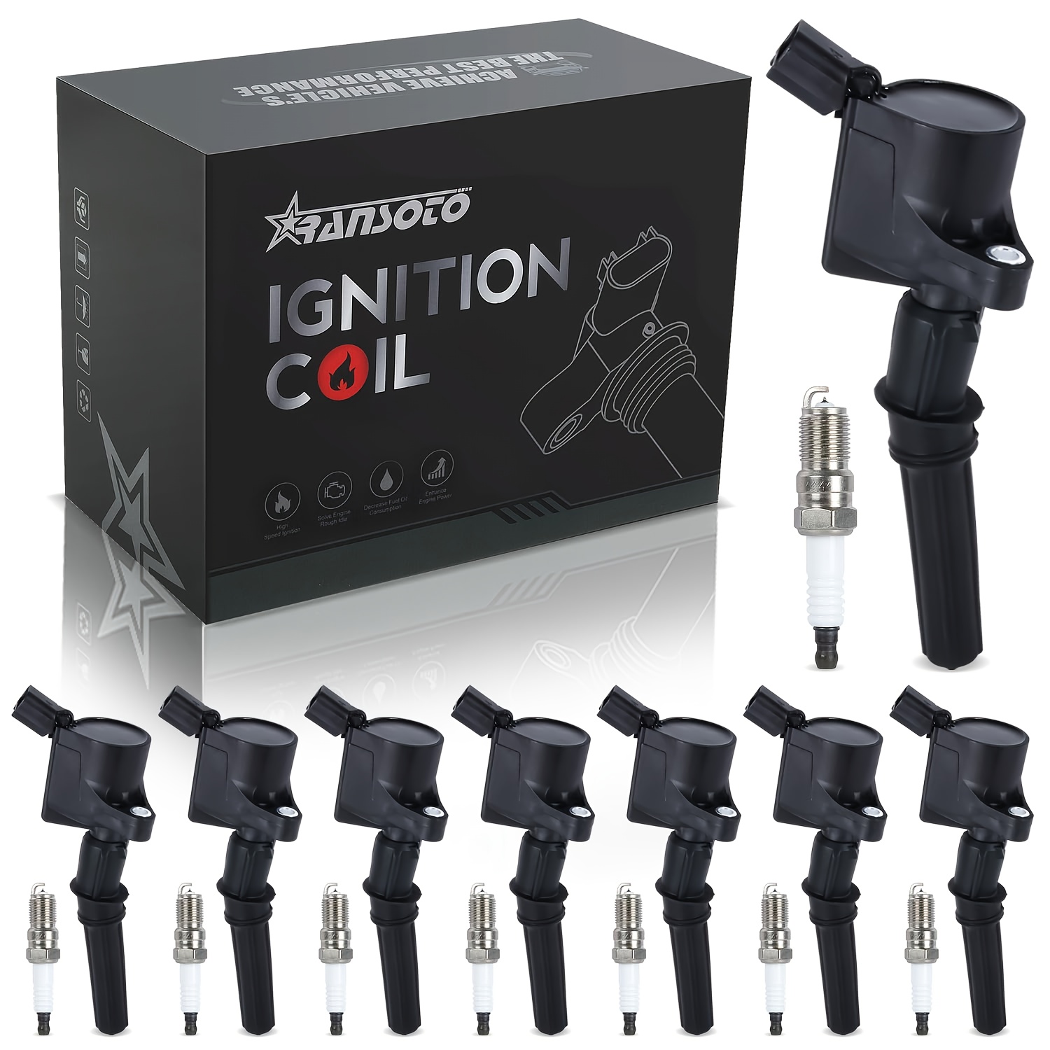 

Ransoto Ignition Coil Dg508 & Spark Plug Sp479 Compatible With 5.4l Ford Expedition F150 F250 F350 E250 (set Of 8)