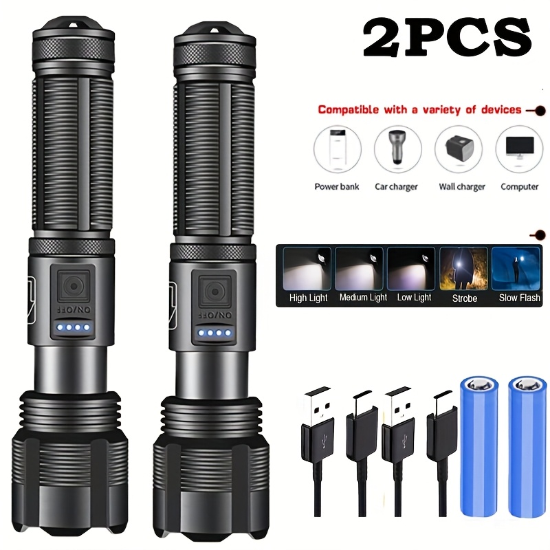 TEMU 2pcs Flashlights, 5 Lighting , | Battery Indicator, High Powered Bright Tactical Flashlights For Home, Emergencies, Camping