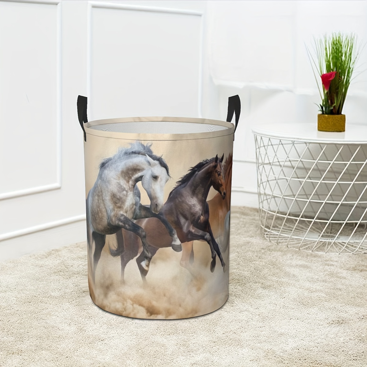 TEMU Large Horse Print Laundry Hamper - Waterproof & Durable , Clothes Storage Basket For Organization, 16.5x13.8